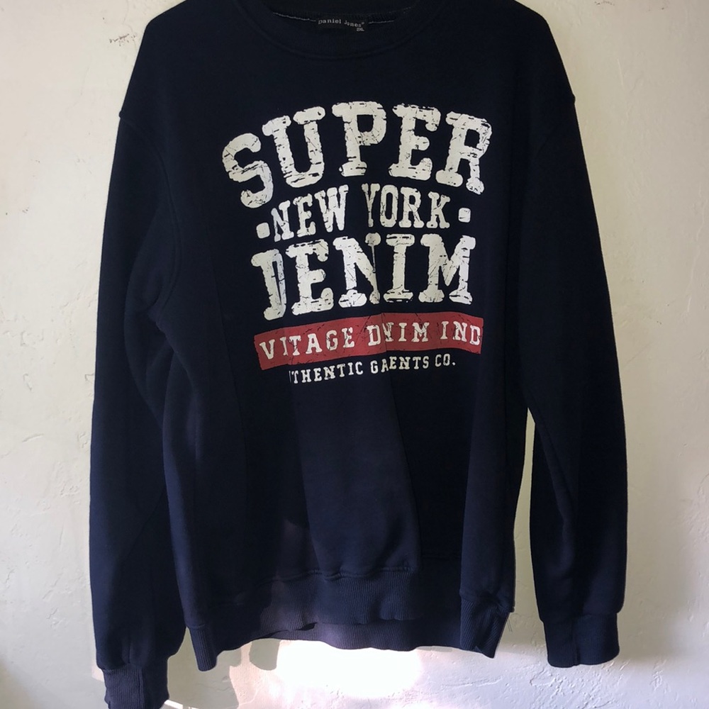 Navy blue crew neck with lettering